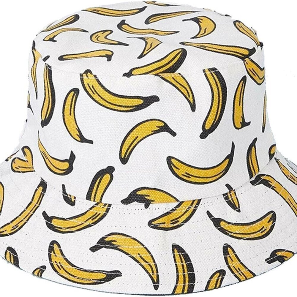 Fruit Print Bucket Hat Reversible Packable Sun Fishing Cap for Women Men White